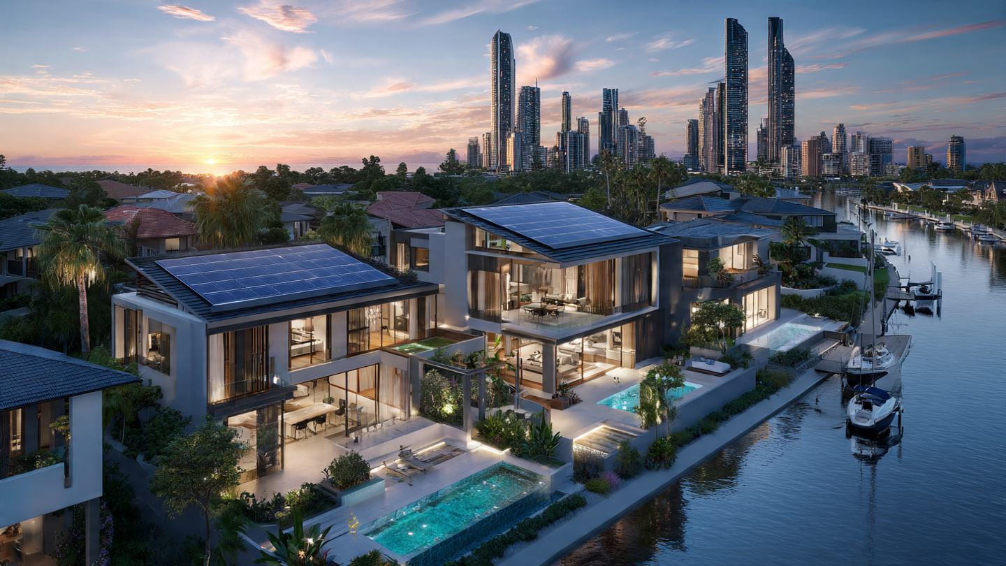 Australian home with solar panels in warm daylight